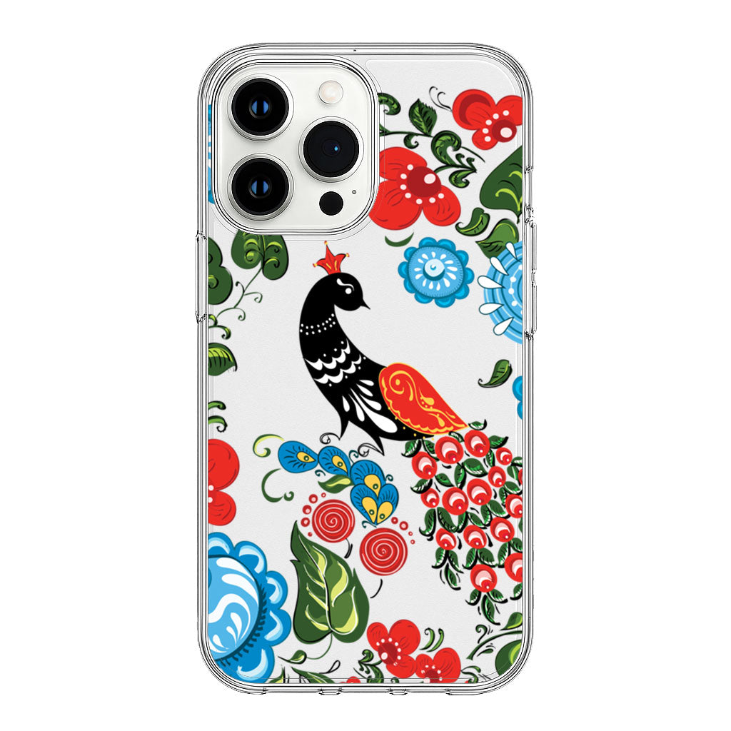 Vibrant Folk Art Peacock and Floral Design Clear Silicon Cover