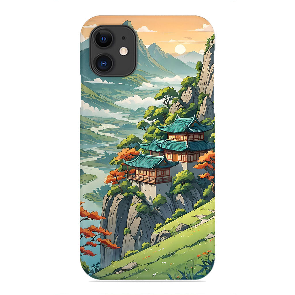 Sunrise Harmony: Temple Among the Emerald Hills Phone Case