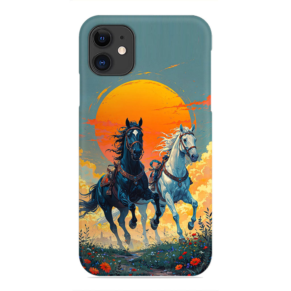 Black and White Horses Phone Case - Sunset Field Design