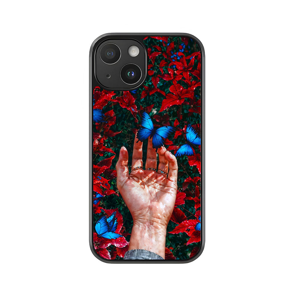Blue Butterfly Phone Case - Red Foliage Design Metal Case
