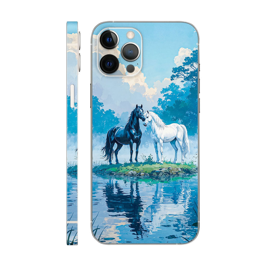 Black and White Horses Phone Case - Serene River Design 6D Skin