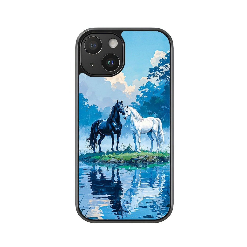 Black and White Horses Phone Case - Serene River Design Metal Case