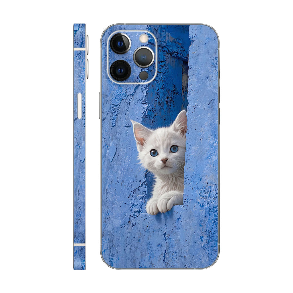 White Kitten Phone Case - Blue Wall Peek-a-Boo Design 6D Skin