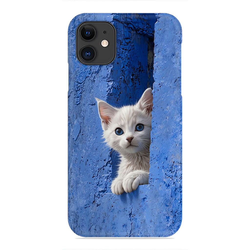 White Kitten Phone Case - Blue Wall Peek-a-Boo Design