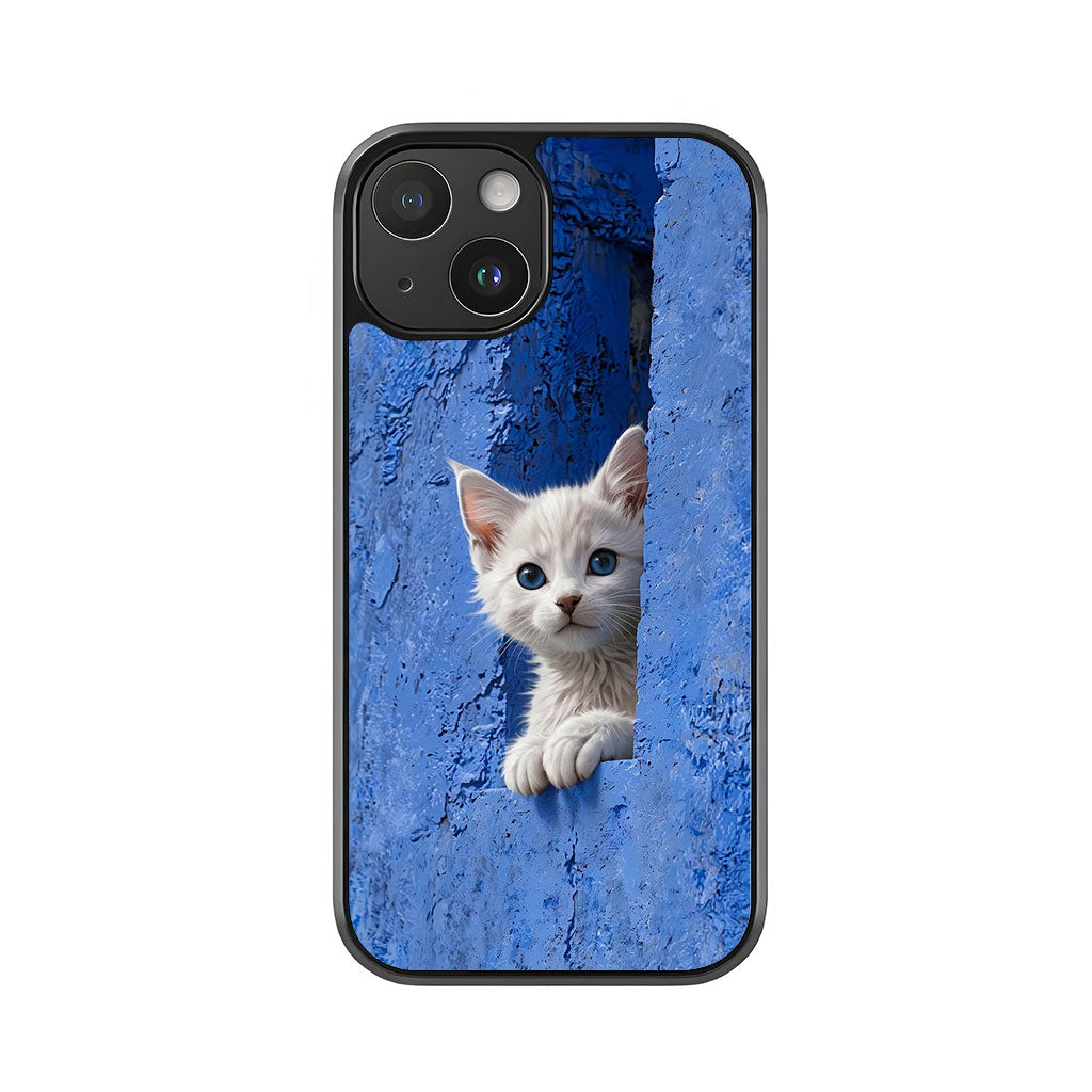 White Kitten Phone Case - Blue Wall Peek-a-Boo Design Metal Case