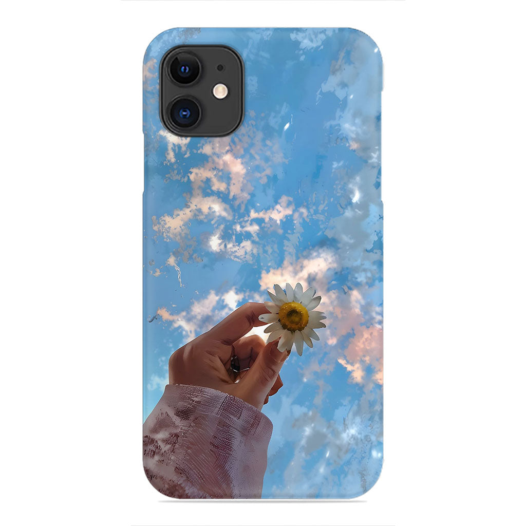 Hand Holding Daisy Phone Case - Blue Sky and Clouds Design