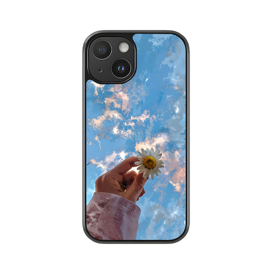 Hand Holding Daisy Phone Case - Blue Sky and Clouds Design Metal Case