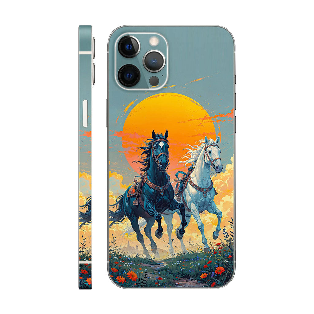 Black and White Horses Phone Case - Sunset Field Design 6D Skin