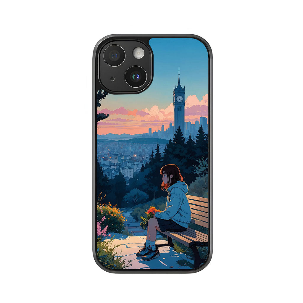 Anime Girl Phone Case - Sunset Cityscape Design Metal Case