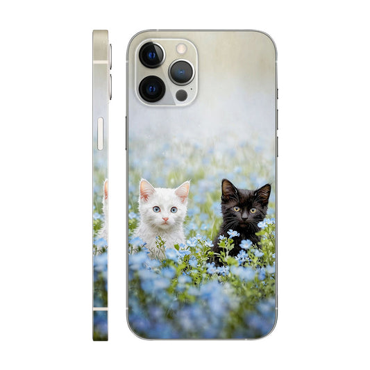 Black & White Kitten Phone Case - Blue Flower Field Design 6D Skin