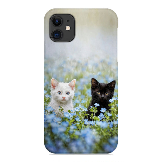 Black & White Kitten Phone Case - Blue Flower Field Design