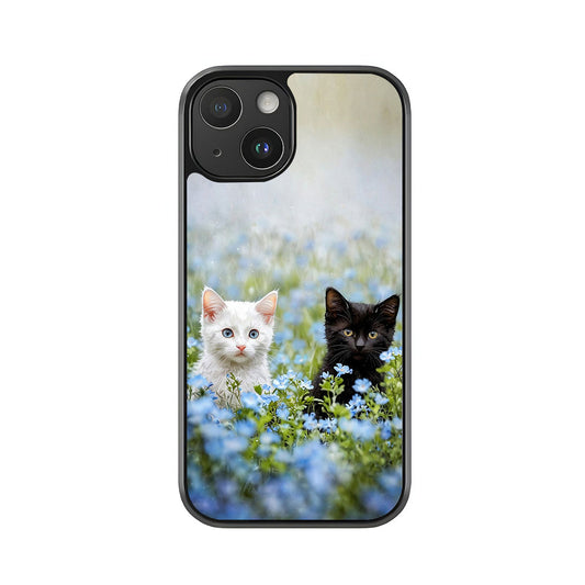Black & White Kitten Phone Case - Blue Flower Field Design Metal Case