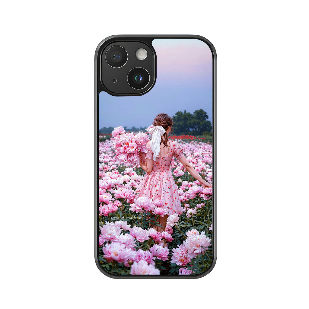 Woman in Pink Flower Field Phone Case - Peony Garden Design Metal Case