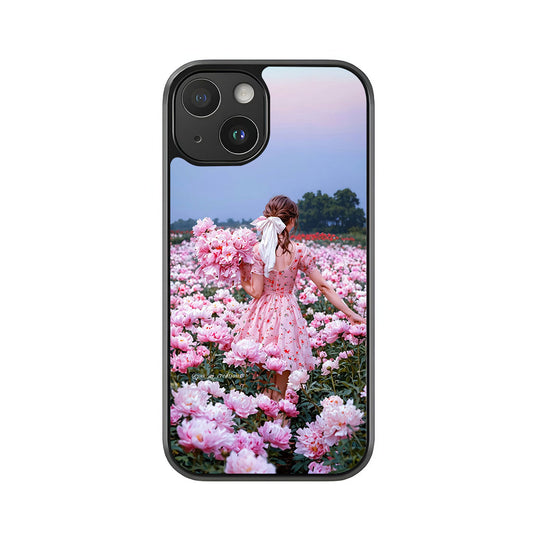 Woman in Pink Flower Field Phone Case - Peony Garden Design Metal Case