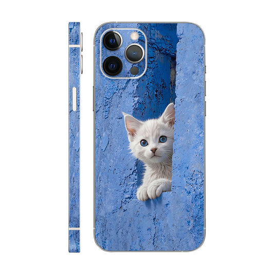 White Kitten Phone Case - Blue Wall Peek-a-Boo Design 6D Skin